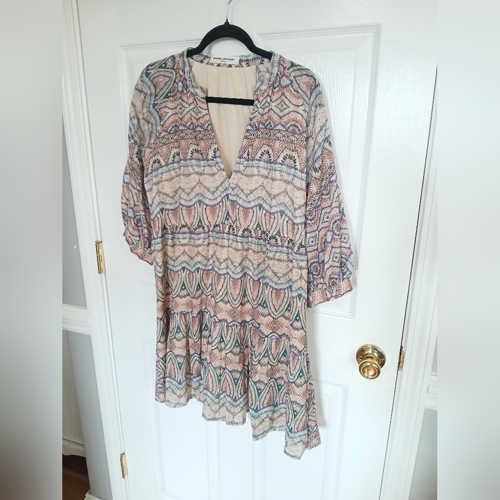 Amanda Uprichard Diego Peasant Balloon Sleeve Mini Dress with Multicolor Trim L